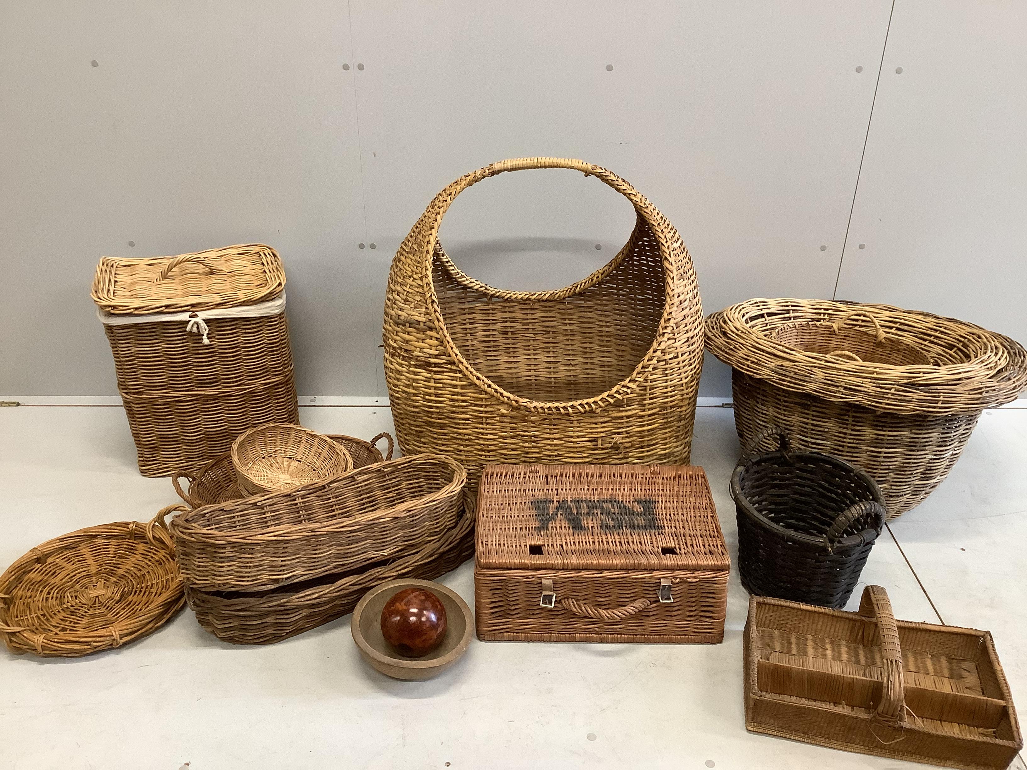 A collection of wicker baskets, wood mazer, etc., largest height 78cm